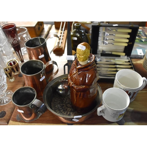 1463 - Copper Tankards, Copper Bed Pan, Monk Decanter, Boxed Cutlery, Mugs, etc