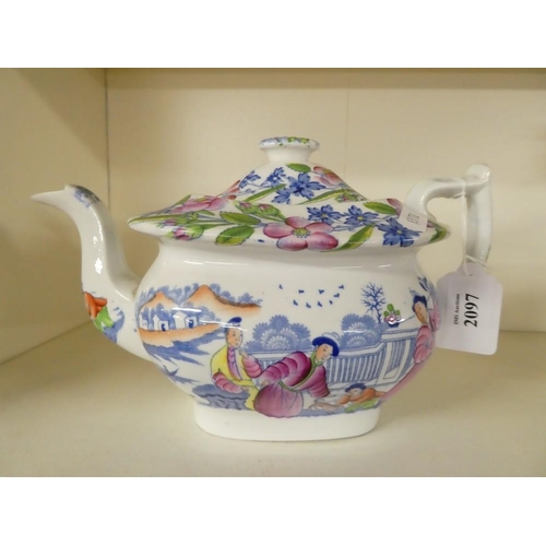 2097 - Old English Porcelain Teapot Decorated with Chinese Figures in A Garden.