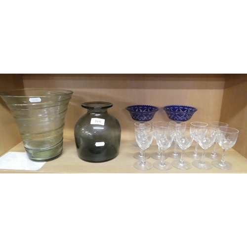 2132 - Two Art Glass Vases, Ten Sherry Glasses etc.