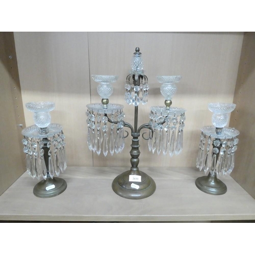 2133 - Suite of Three Bronze Candlesticks with Faceted Drops - Central piece flanked with a pair.