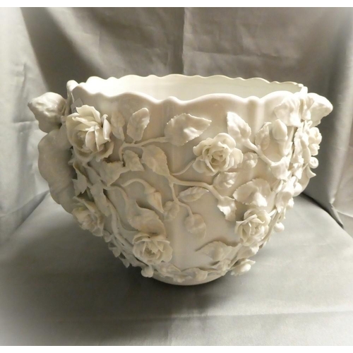 2154 - White Porcelain Floral Encrusted Jardinière with  Cherub Side Handles.