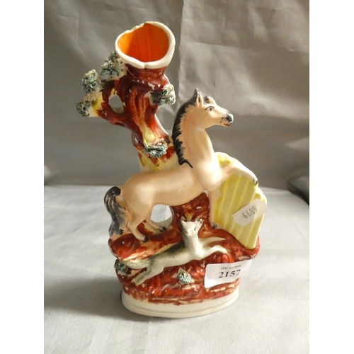 2157 - Victorian Staffordshire Horse & Dog Spill Vase