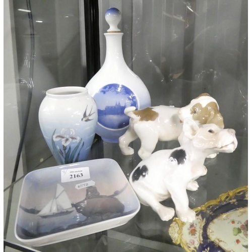 2163 - Two Porcelain Dogs,  Copenhagen Pin Dish & Vase, Decanter.