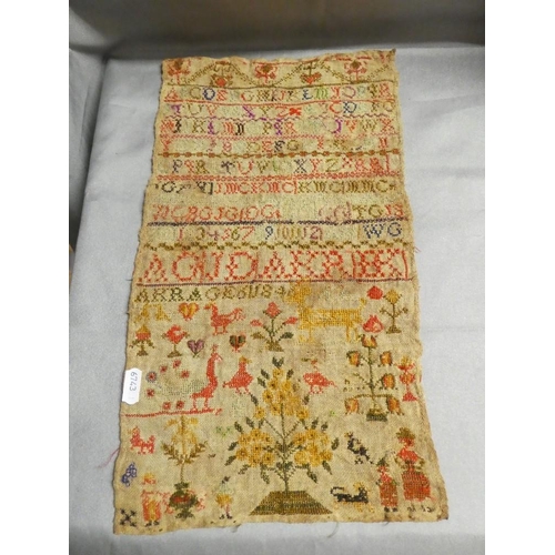 2165 - Victorian Antique Sewn Wool Sampler (AF), approx 40 x 22cm.