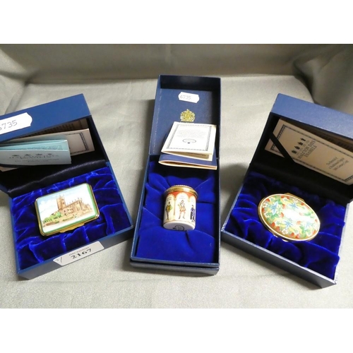 2167 - Three Boxed Halcyon Days Enamel Pill Boxes.