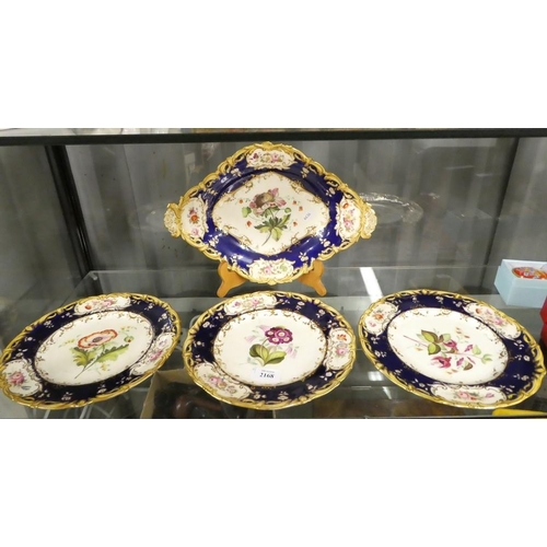 2168 - Three Antique Floral Painted Plates & Matching Lozenge Shaped Dish.