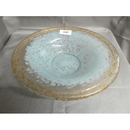 2187 - Monart Glass Shallow Bowl - Powder Blue & Aventurine.