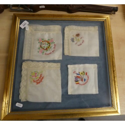 3093 - Four Framed WWI Lace Trimmed Embroidered Handkerchiefs.