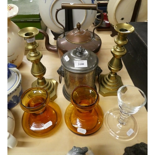 3100 - Copper Kettle, Brass Candlesticks, Hyacinth Vases etc.