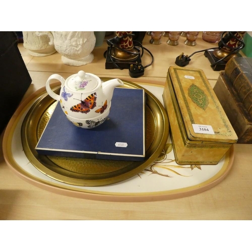 3104 - Tray Lot - Brass Tray, Teapot, Vintage Film Reels.