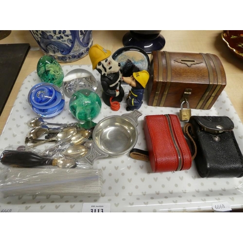 3113 - Tray with Glass Paperweights, Opera Glasses, Miniature Guinness Bottle, Spoons etc