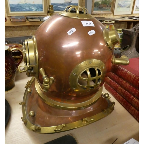 3120 - Large Reproduction Deep Sea Divers Helmet with Brass Mounts - 44cm tall overall.