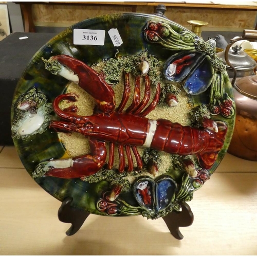 3136 - Antique Palissy Majolica Lobster Plate, approx 31cm in diameter.