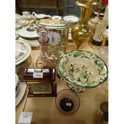 3144 - Two Modern Mantel Clocks, Masons Bowl, Brass Vase etc.