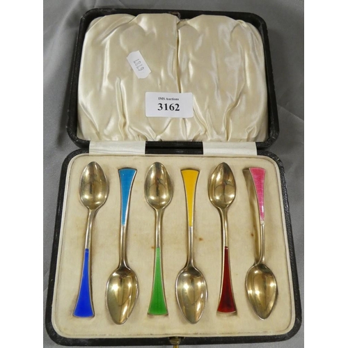 3162 - Cased Set of Birmingham Silver Enamel Coffee Spoons.