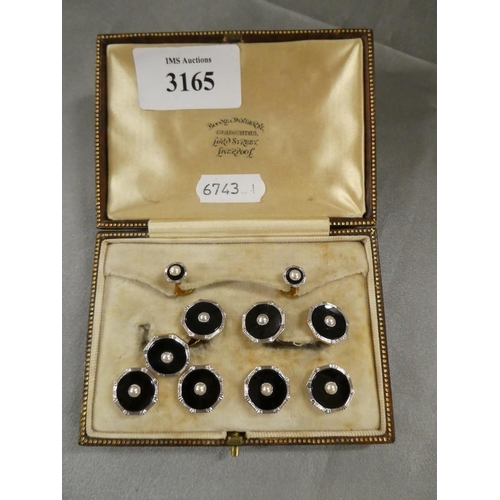 3165 - Boxed Set of 9ct Gold & Seed Pearl Shirt Studs & Cufflinks.