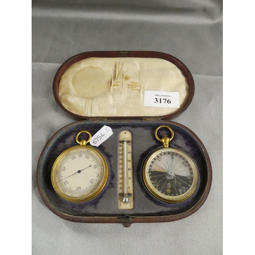 3176 - Victorian Cased Barometer & Compass Set with Central Thermometer set into case.