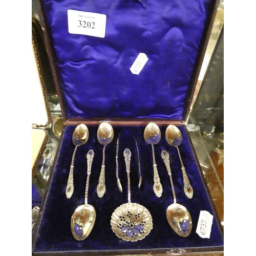 3202 - Set of Six Birmingham Silver Coffee Spoons, Tongs & Sifter, Maker M Bros.