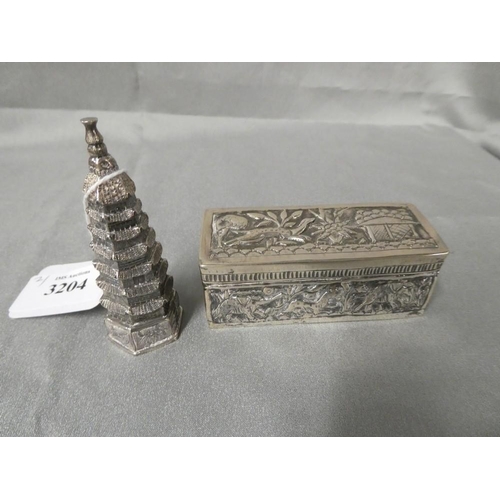 3204 - Indian Silver Snuff Box & Eastern Silver Pagoda Pepper Pot.