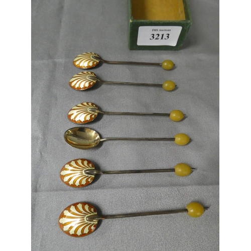 3213 - Set of Six Birmingham Silver Coffee Spoons with Striped Enamel Backs and Bean Finials.