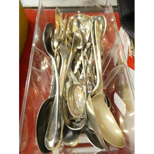 3266 - Box - Silverplated Souvenir Spoons, Teaspoons, Tongs etc.