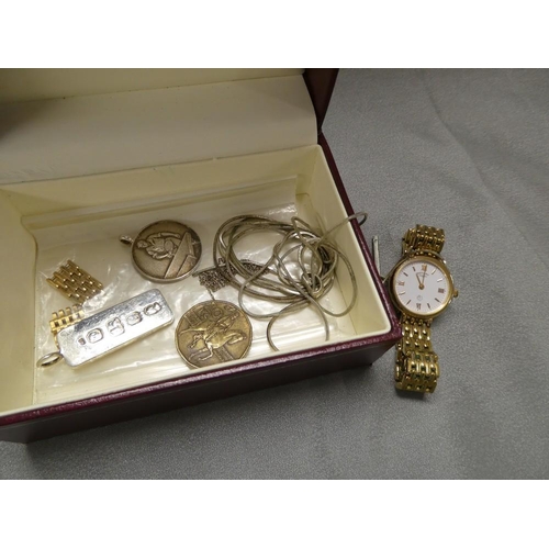 3318 - Box - Ladies Rotary Wristwatch, Silver Ingot Pendant, Medallion etc.