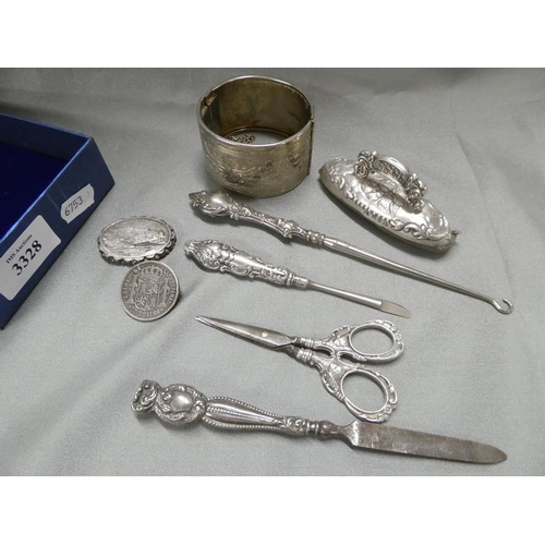 3328 - White Metal Bangle, Brooches, Boot Hook, etc.