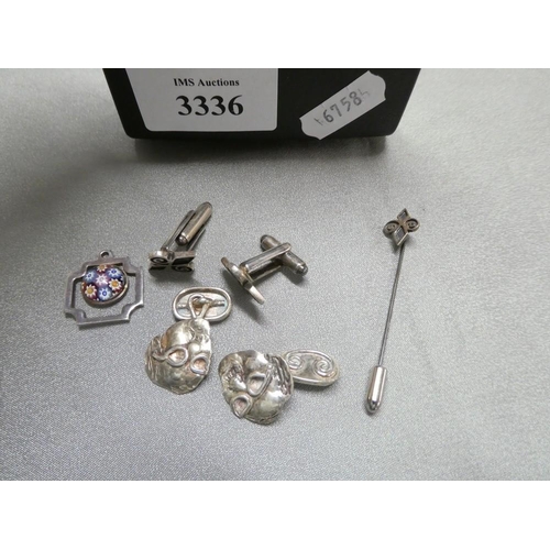 3336 - Small Box - Silver Cufflinks, Tie Pin & Pendant.