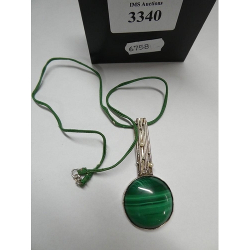 3340 - Scottish Sheana M Stephen Silver & Malachite Pendant Studded with Seed Pearls complete with Original... 