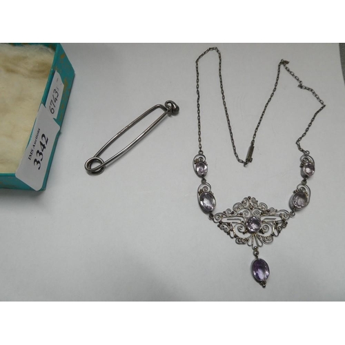 3342 - Filigree Silver Necklace Inset with Facet Cut Amethyst Jewels.