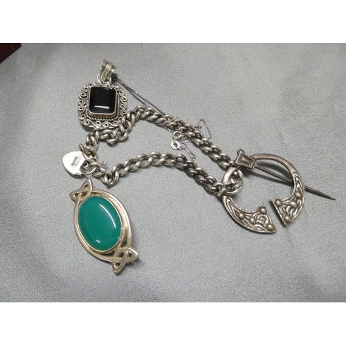 3348 - Silver Chain & Pendant, Ring Box, Silver Bracelet & Celtic Style Brooch.