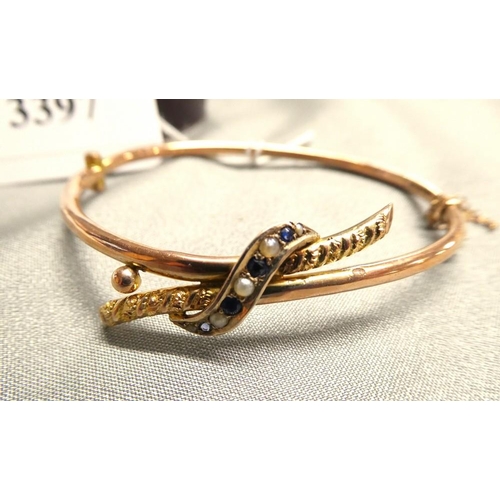 3397 - 9ct Gold Bangle with Sapphire and Seed Pearls 5.15g