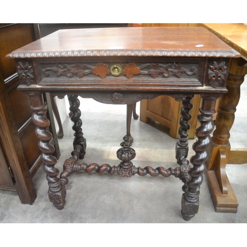 4185 - Carved Oak Barley Twist Side Table With Drawer