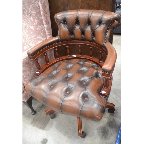 4199 - Brown Leather Button Back Captains Chair