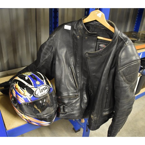 1413 - RST Motor Cycle Black Leather Jacket Size 44 & Motor Bike Helmet