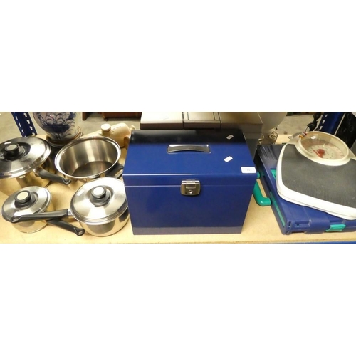 393 - Set Of Sauce Pans, File Boxes, Folding Box & Bathroom Scales