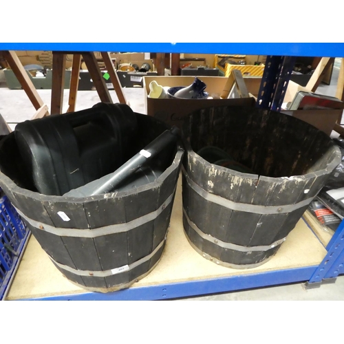 403 - 2 Barrel Planters, Watering Cans & Drip Trays