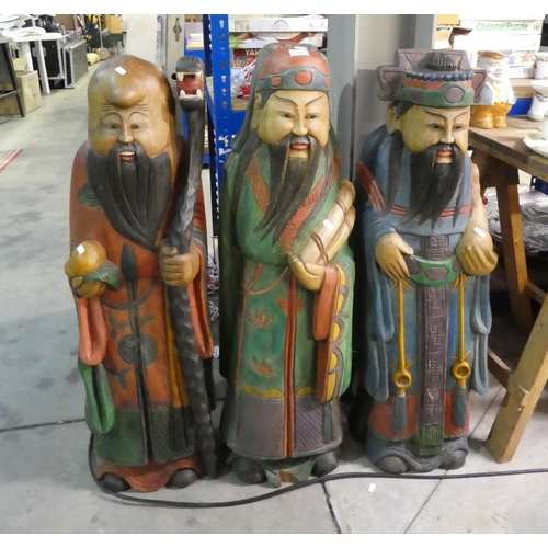 408 - 3 Carved & Painted Hardwood Oriental Figures