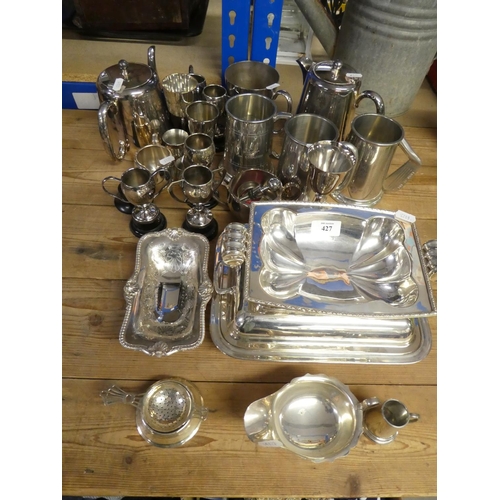 427 - Assorted Silver Plate, Serving Dishes, Trophies, Sauce Boat, etc