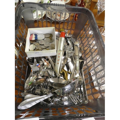 571 - Box of Assorted Cutlery, Coins and Eastern Knife