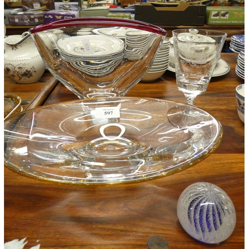 597 - Paperweight, Art Glass Bowl, Vase and a Commemorative Glass