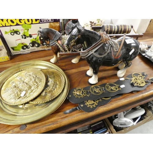 601 - Two Shire Horses and Cart, Horse Brasses and Brass Plaques