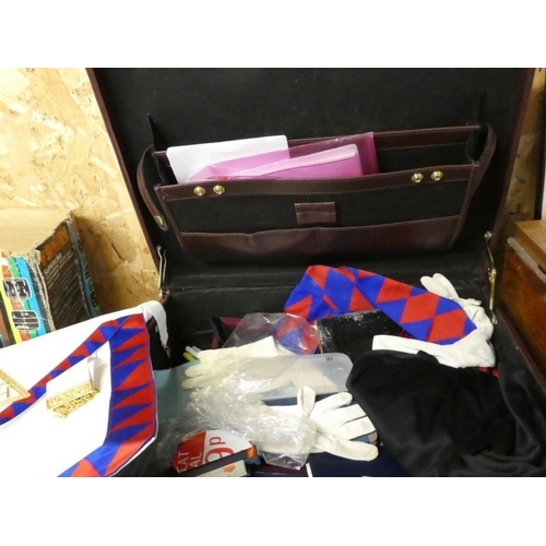 671 - Suitcase of Masonic Aprons Gloves Etc