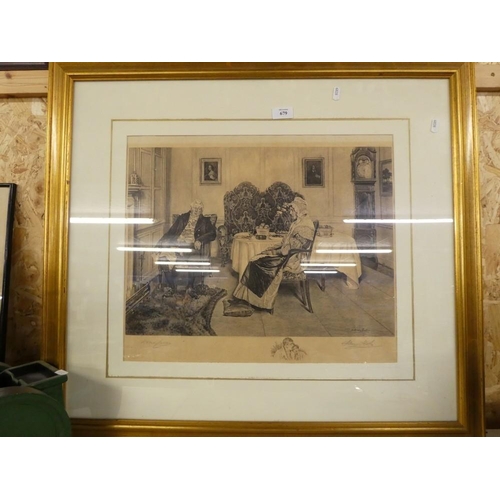 679 - Gilt Framed Print by W Denvy Sadlet of Victorian Parlour Scene