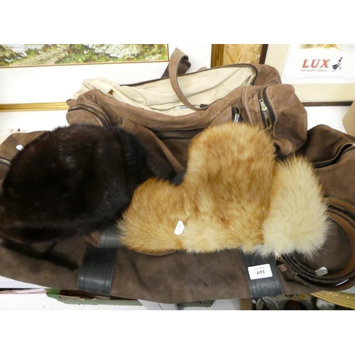 691 - Two Buffalo Hide Bags, Buffalo Hide Belt and Two Fur Hats