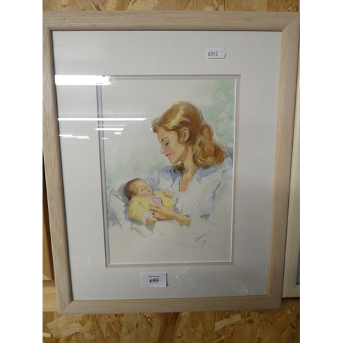 695 - Watercolour of Mother and New Born Signed Horrace Cristie Gassron