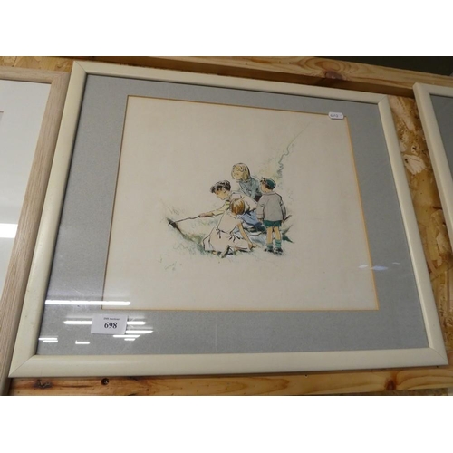 698 - Watercolour Children Exploring Signed Horrace Cristie Gassron