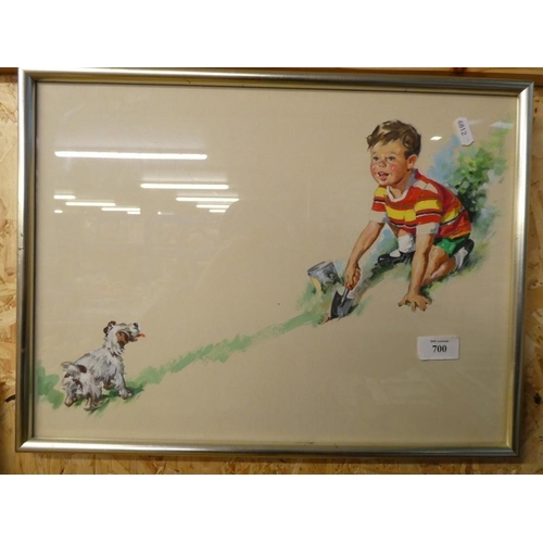 700 - Watercolour of Young Boy Playing with Dog by Horrace Cristie Gassron