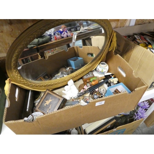 710 - Box - Gilt Framed Mirror, Thermometer, Inlaid Cigarette Box etc