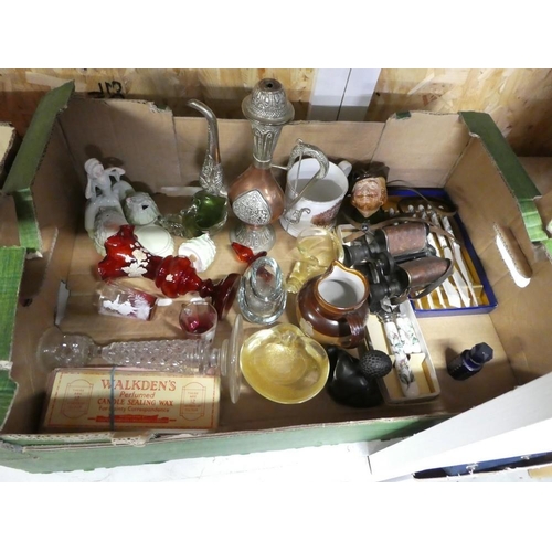 711 - Box of Mary Gregory Glasses, Ruby Glass Vase, Binoculars, Character Jug etc